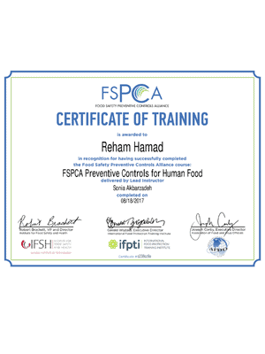 תעודת הכשרת FSPCA לבקרות מניעה במזון