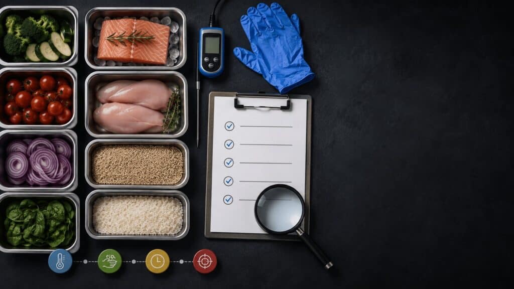 בקרת בטיחות מזון לפי HACCP עם מוצרי מזון, מד טמפרטורה ורשימת בדיקה
